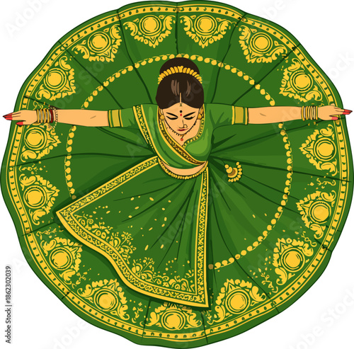 A vibrant flat illustration depicts an Indian classical dancer seen from above, wearing a richly detailed green sari with golden ornaments forming a circular, symmetrical pattern as he