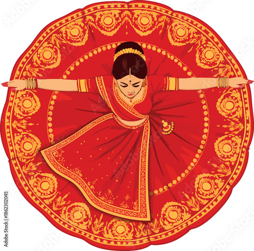 A striking flat illustration shows an Indian classical dancer viewed from above, dressed in a flowing red sari with ornate gold patterns forming a bold circular composition and outstretched arms.