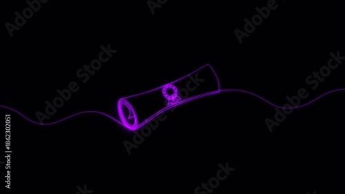 Video. Continuous neon drawn one line, certificate or diploma with award icon. Paper with academic scroll drawn in one line. Animation on a black background 4K.