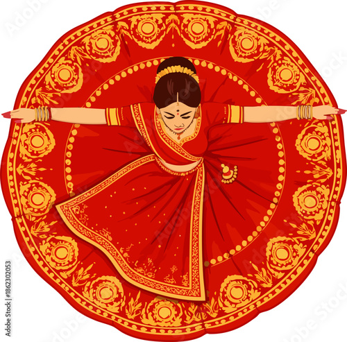 A vivid flat illustration depicts an Indian classical dancer seen from above, wearing a richly decorated red sari with golden circular motifs forming a dramatic rad