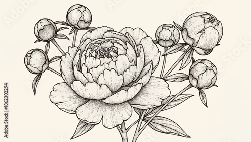 Detailed sketch of a blooming peony flower with buds.