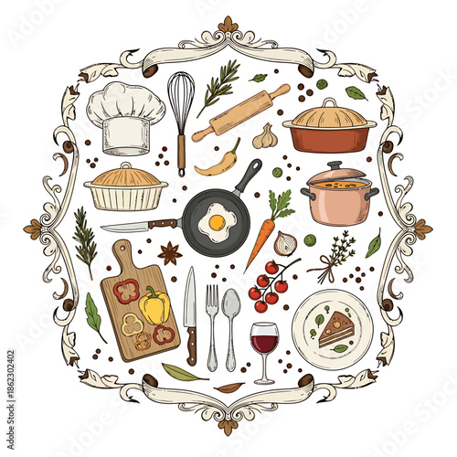 Charming assortment of kitchen tools, fresh ingredients, and delectable dishes, artfully displayed within a decorative vintage frame, celebrating culinary creativity