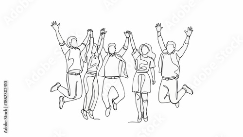 Diverse group of friends celebrating together with raised arms.