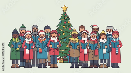 Diverse group of children and adults singing Christmas carols together.