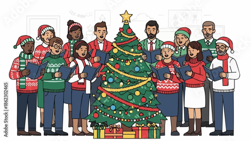 Diverse Group of People Singing Christmas Carols Around a Decorated Tree.