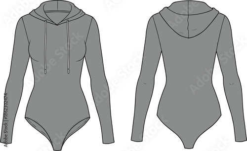 Cad drawing flat vector illustration, women’s bodysuit hoodie design, long sleeve fashion template, technical clothing sketch, activewear apparel outline