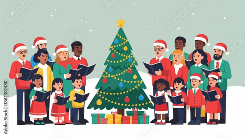 Diverse Group of People Singing Christmas Carols Around a Decorated Tree.
