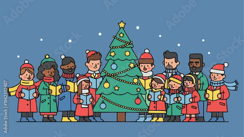 Diverse Group of People Singing Christmas Carols Around a Decorated Tree.