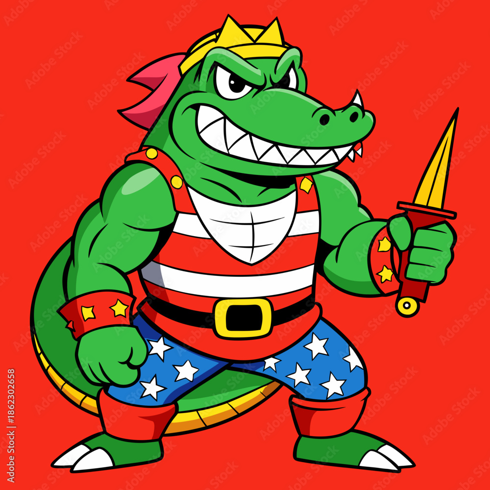 Fototapeta premium Muscular cartoon alligator wearing patriotic outfit with sword