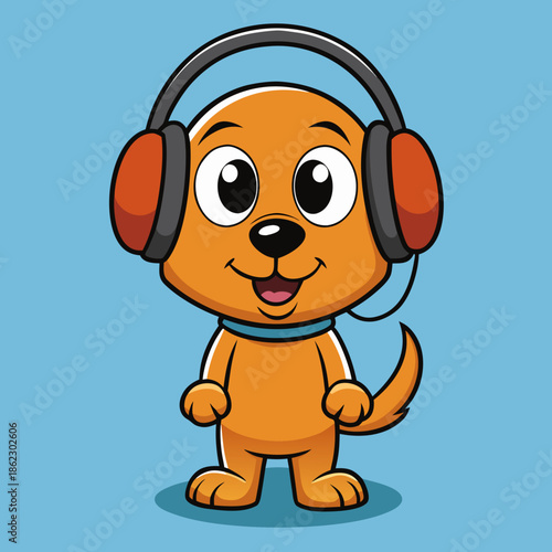 Cute dog wearing headphones and enjoying music happily