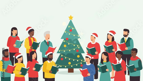 Diverse Group of People Singing Christmas Carols Around a Decorated Tree.