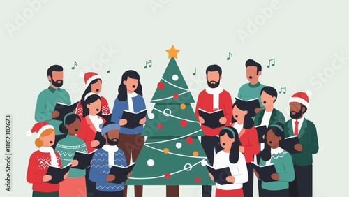 Diverse group of people singing Christmas carols around a decorated tree.