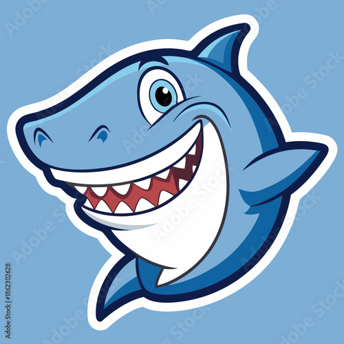 Smiling cartoon shark with sharp teeth on blue background