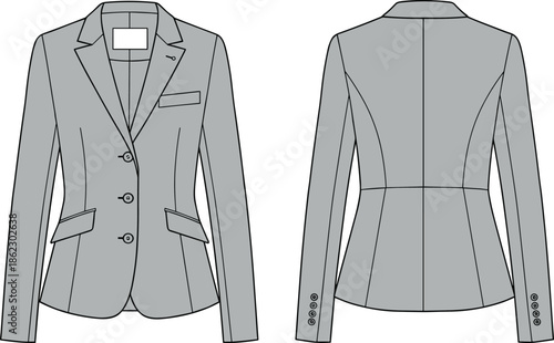 cad drawing flat vector illustration, women’s fitted blazer technical sketch, formal jacket fashion template, tailored suit coat design, editable