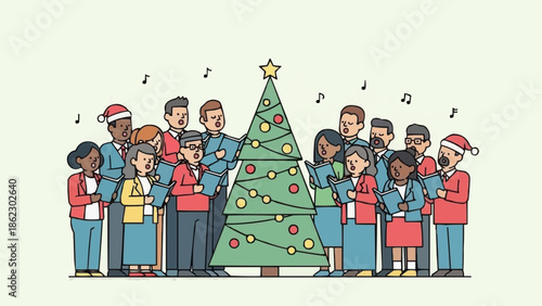 Diverse group of people singing Christmas carols around a decorated tree.
