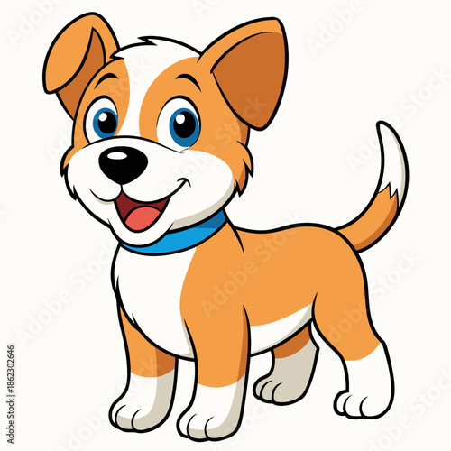 Cute cartoon dog with blue collar smiling happily