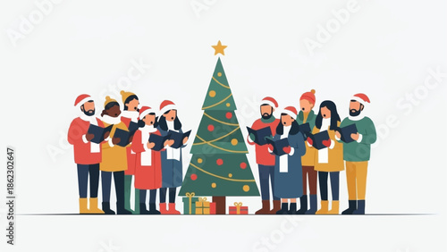 Diverse group of people singing Christmas carols around a decorated tree.