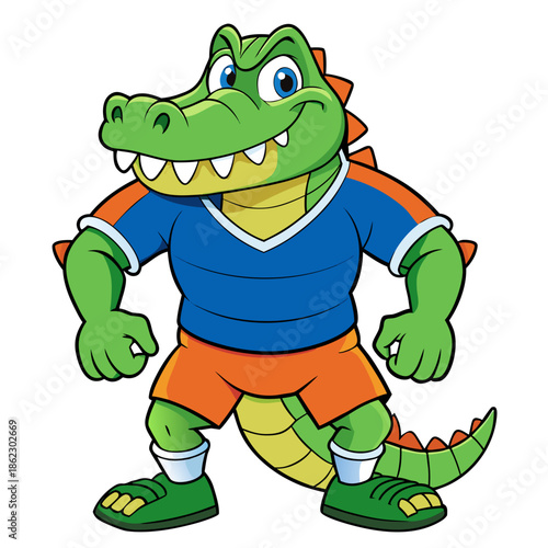 Friendly cartoon crocodile wearing sports jersey and shorts
