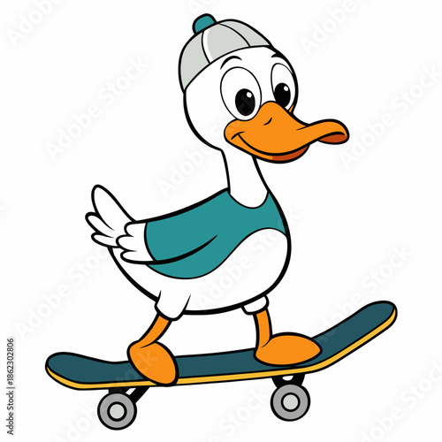 Smiling cartoon duck wearing beanie rides skateboard with style