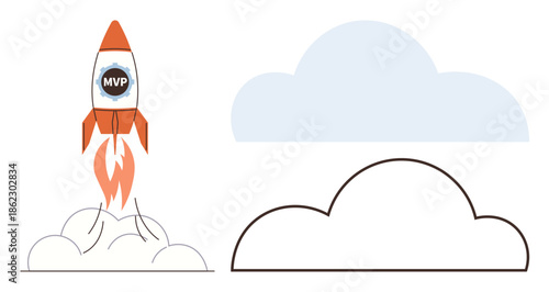Rocket labeled MVP launching amidst billowing smoke, ascending past light clouds. Ideal for startup growth, innovation, product launch, entrepreneurship, success, speed, ambition simple flat metaphor