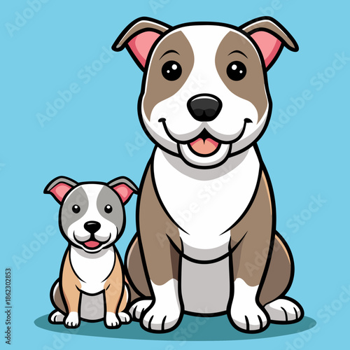 Cute dog and puppy sitting together on blue background
