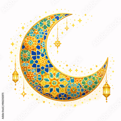 Crescent moon adorned with intricate patterns and lanterns in a festive celebration