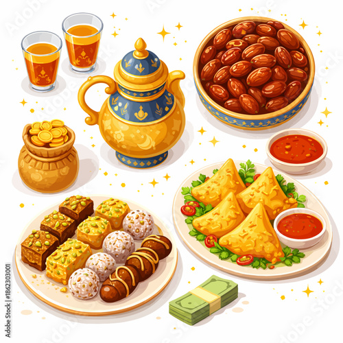 A vibrant Middle Eastern feast featuring samosas and dates, beautifully arranged on plates, accompanied by a decorative teapot and glasses of juice on a white background.