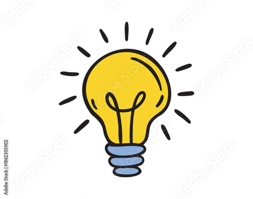 Light bulb on, bright idea for class, colorful school doodle, hand drawn