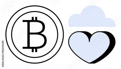 Cryptocurrency, blockchain, cloud storage, finance, fintech, digital love. Bitcoin symbol with a heart and a cloud icon. Cryptocurrency and blockchain concepts illustrated
