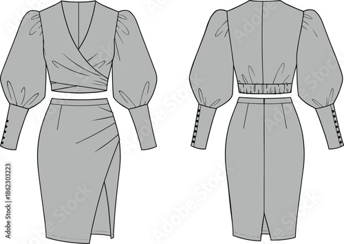 cad drawing flat vector illustration, women’s wrap dress technical sketch, puff sleeve fashion design, elegant clothing template, editable apparel