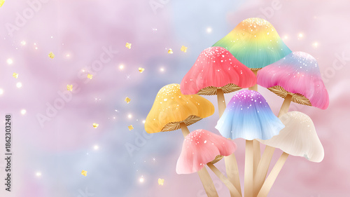 Whimsical rainbow mushrooms on dreamy pastel background with sparkles