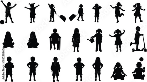 Children silhouettes playing, walking, sitting and jumping, kids activity poses collection, childhood lifestyle illustration set, isolated black figures