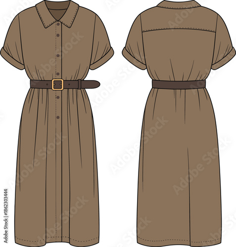 Cad drawing flat vector illustration, women's brown belted shirt dress, short sleeves, button front, casual style, fashion apparel, summer dress design, outfit