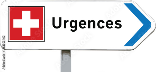 Emergency hospital direction sign with red cross symbol and arrow, healthcare assistance, urgent medical service guidance signage illustration