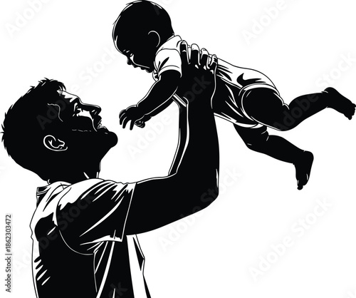 Father lifting baby in loving moment, emotional parenthood bond, family affection, caring relationship, tender silhouette illustration of love