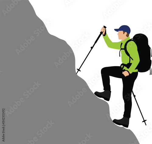 Hiker climbing steep mountain using trekking poles, outdoor adventure concept, determination and endurance in nature exploration illustration
