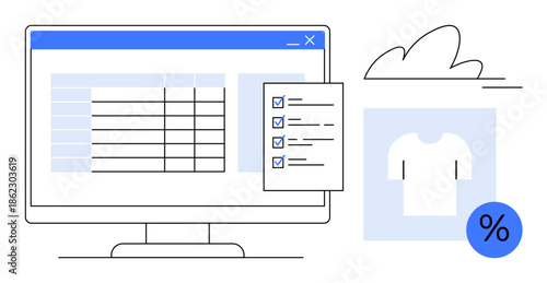 E-commerce, inventory management, analytics, digital marketing, sales, online shopping. A computer monitor displays a checklist and product data. E-commerce and inventory management concept