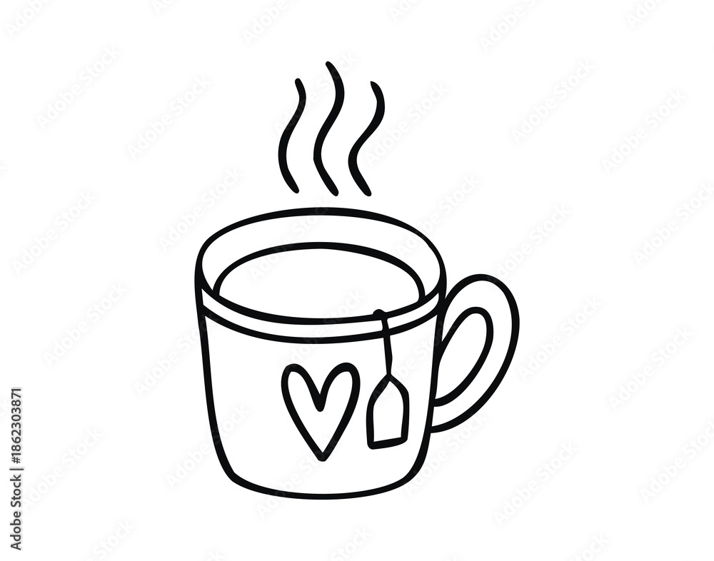 Obraz premium Cup of tea with heart line art outline, monochrome hand drawn.