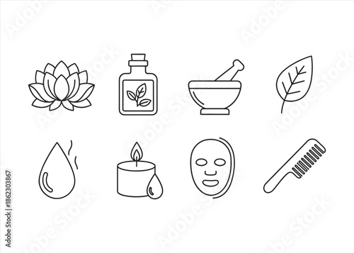 Ayurvedic Beauty Silhouette Icon Set with Herbal Spa and Wellness Elements