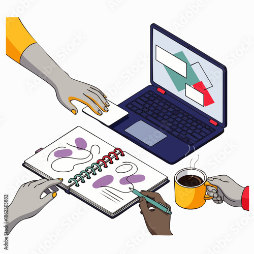 Teamwork and Collaboration: Hands Working Together on Laptop, Sketchpad, and Coffee Break