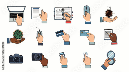 Diverse collection of hands interacting with technology and daily objects. Flat design icons illustrating business, communication, payment, and leisure activities.