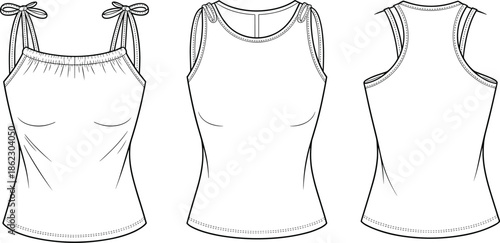 CAD drawing, flat vector illustration, women tank top, technical fashion sketch, sleeveless design, apparel template, garment front back view