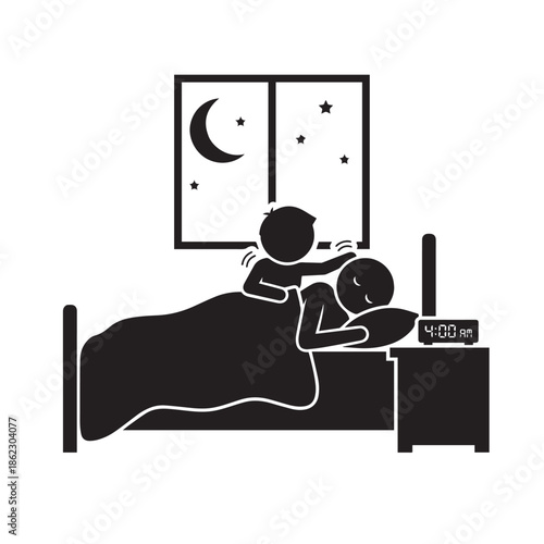 Couple lying in bed with alarm clock set for 4:00 AM