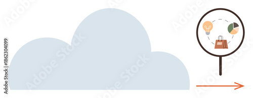 Cloud shape with lightbulb, chart, and suitcase under magnifying glass connected by dashed lines. Ideal for data storage, analytics, innovation, business strategy, technology, networking
