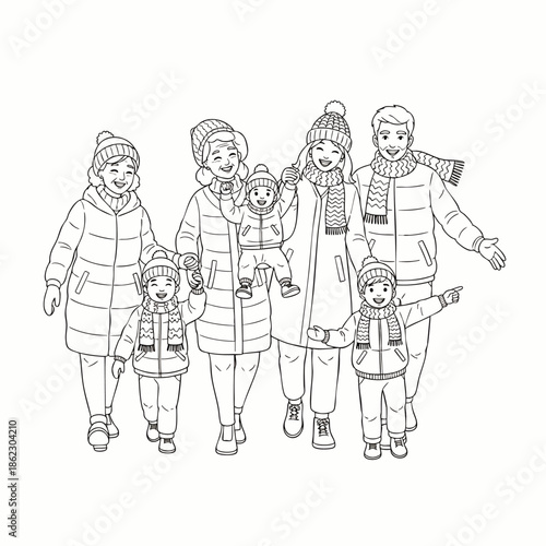 Happy multi-generational family in winter coats and hats walking together, enjoying the cold weather outdoors, black and white line art illustration