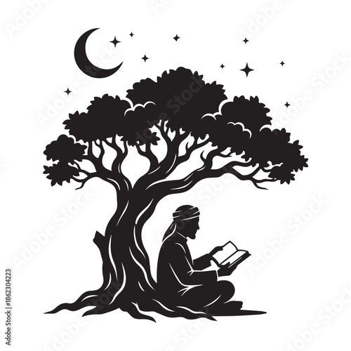 Man reading under starry night sky with crescent moon