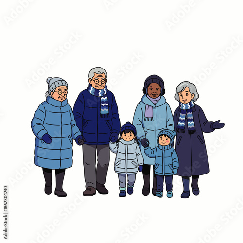 Diverse multi-generational family group wearing warm blue winter clothes, standing together, ready for cold weather activities. Happy people illustration.