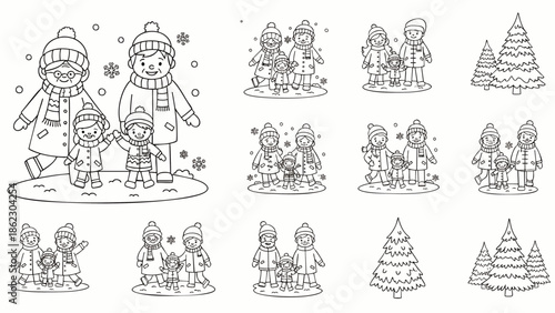 Black and white cartoon line art of happy families and children in winter clothes, enjoying snow with Christmas trees. Great for coloring books.