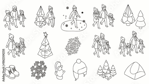 Set of isometric line art icons for winter activities and holidays, including families, snow, trees, and clothing