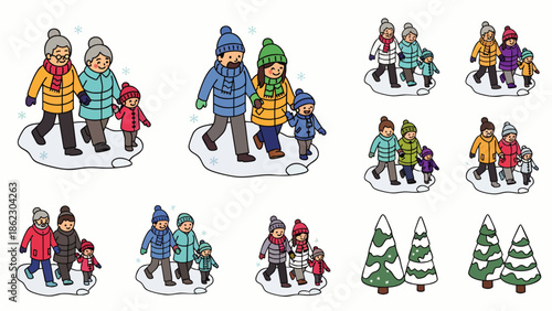 Vector illustration of diverse families (grandparents, parents, children) walking in snow, wearing colorful winter clothes. Features snow-covered pine trees.